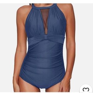 Elegant Blue One-Piece Ruched Swimsuit, Large